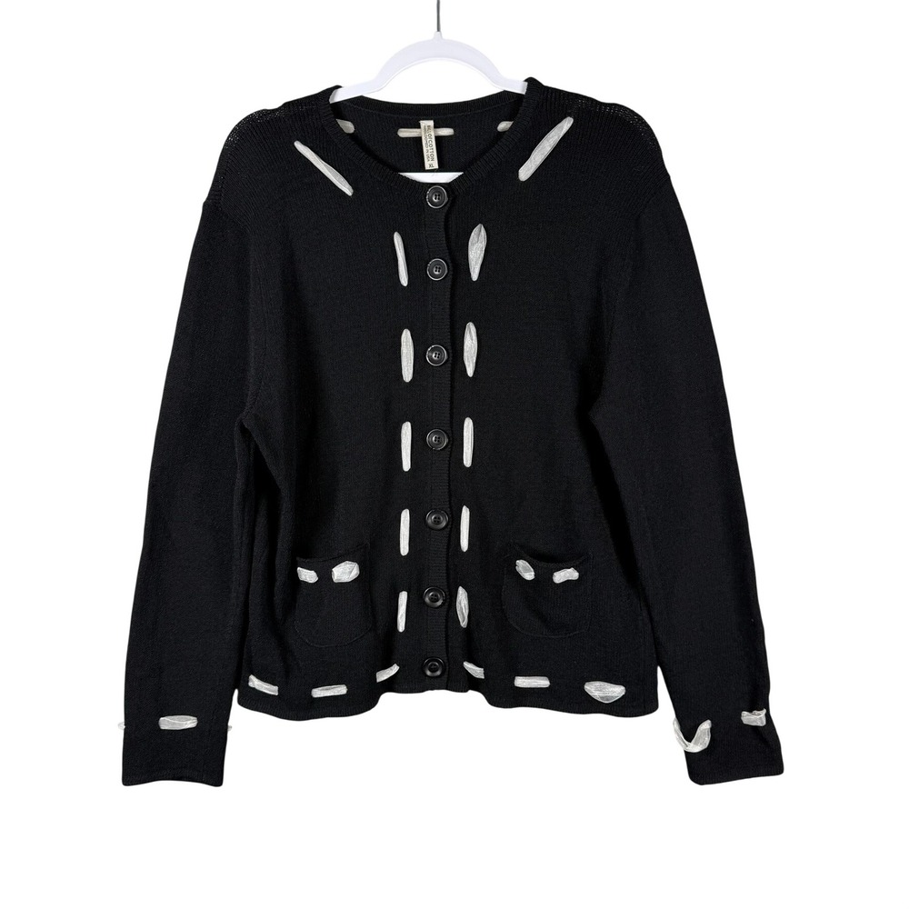 Vintage Ball of Cotton Womens XL Cardigan Black White Ribbon Trim Handloomed USA